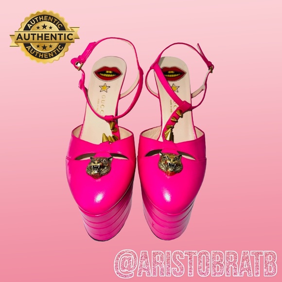 Gucci Malaga Kid T-Strap Leather Platform Hot Pink Pump Heels **RARE** - Picture 1 of 3